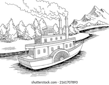 Paddle steamer ship graphic black white landscape sketch illustration vector