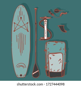 Paddle surf sport elements on flat background. Isolated objects. Sea sports. Helmet, lifejacket, board, fins, paddle, puffer and board.