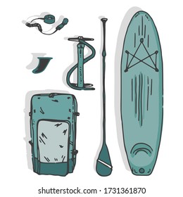 Paddle surf sport elements on flat background. Isolated objects. Sea sports. Helmet, lifejacket, board, fins, paddle, puffer and board.