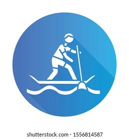 Paddle surfing blue flat design long shadow glyph icon. Sup boarding watersport, extreme kind of sport. Recreational outdoor activity and hobby. Adventurous leisure. Vector silhouette illustration