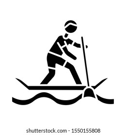 Paddle surfing glyph icon. Sup boarding watersport, extreme underwater kind of sport. Recreational outdoor activity and hobby. Silhouette symbol. Negative space. Vector isolated illustration