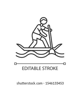 Paddle surfing linear icon. Thin line illustration. Sup boarding watersport, extreme kind of sport.Risky and adventurous leisure.Contour symbol. Vector isolated outline drawing. Editable stroke