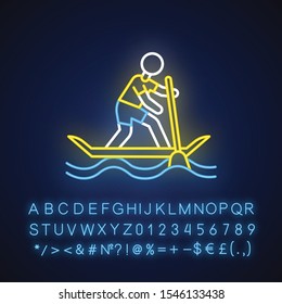 Paddle surfing neon light icon. Sup boarding watersport, extreme underwater kind of sport. Recreational outdoor activity. Glowing sign with alphabet, numbers and symbols. Vector isolated illustration