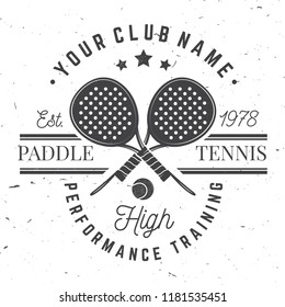 Paddle tennis badge, emblem or sign. Vector illustration. Concept for shirt, print, stamp or tee. Vintage typography design with paddle tennis racket and paddle ball silhouette.