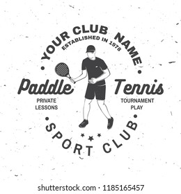 Paddle tennis club badge, emblem or sign. Vector illustration. Concept for shirt, print, stamp or tee. Vintage typography design with paddle player and paddle tennis racket silhouette.