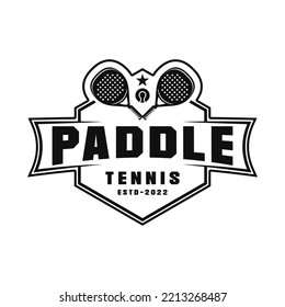 Paddle Tennis emblem logo, paddle racket and ball logo icon isolated on white background.