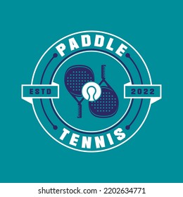 Paddle Tennis emblem patch logo, paddle racket and ball logo icon on blue background.