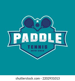 Paddle Tennis emblem patch logo, paddle racket and ball logo icon on blue background.