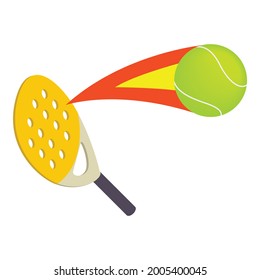 Icono de pádel de tenis vector isométrico. Raqueta de remo, bola voladora. Racquet amarillo, pelota de tenis