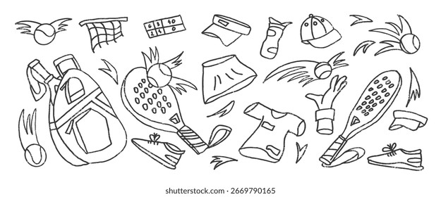 Conjunto de esboços de linha de tênis com alça. Raquete, bola, formas de esporte mão desenhado marcador isolado no fundo branco. Rabiscar elementos de equipamentos esportivos. Ilustração de hobby de fitness vetorial por lápis.