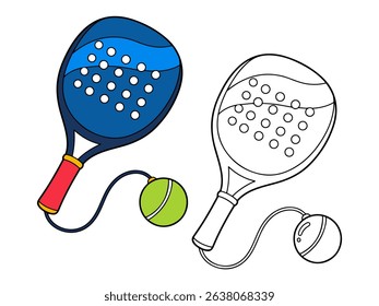 Paddle tennis racket and ball illustration, with one colored version and one black and white outline. Ideal for sports graphics or coloring pages.