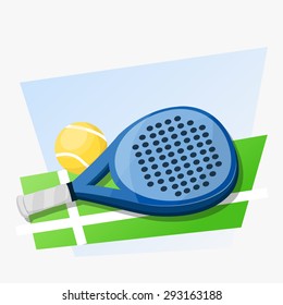 Paddle tennis racket and ball on green land and blue background.