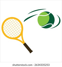 Ícone de vetor de tênis com uma raquete amarela e bola voadora, perfeito para projetos de atividades esportivas e recreativas.