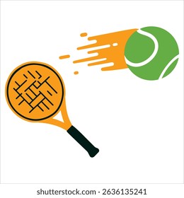 Paddle tennis vector icon.Features yellow racquet and flying ball, ideal for sports and recreational activity designs.