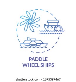 Paddle wheel ship blue concept icon. Vintage steamship. Retro river boat. Steamer ship. Water vessel. Steamboat idea thin line illustration. Vector isolated outline RGB color drawing