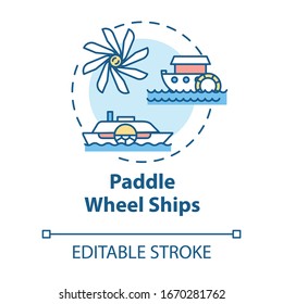 Paddle wheel ship concept icon. Vintage steamship. Retro river boat. Steamer ship. Water vessel. Steamboat idea thin line illustration. Vector isolated outline RGB color drawing. Editable stroke