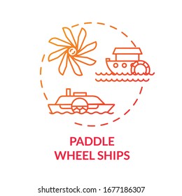 Paddle wheel ship red concept icon. Vintage steamship. Retro river boat. Steamer ship. Water vessel. Steamboat idea thin line illustration. Vector isolated outline RGB color drawing