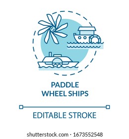 Paddle wheel ship turquoise concept icon. Vintage steamship. Retro river boat. Water vessel. Steamboat idea thin line illustration. Vector isolated outline RGB color drawing. Editable stroke