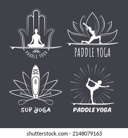 Paddle yoga badges. Set of vintage SUP yoga logos with training people silhouettes and sup boards.