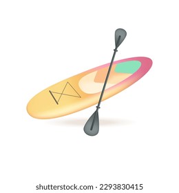 Paddleboard 3d vector illustration. Surfboard with paddle for professional surfing in sea in cartoon style isolated on white background. Sport, competition, health concept