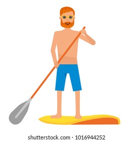 Paddleboard beach man on stand up paddle board surfboard surfing in ocean sea. White background. Caucasian man doing water sport. Vector cartoon flat illustration.