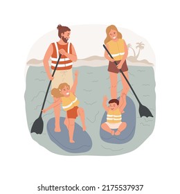 Dibujo vectorial de caricatura aislado de cartón. Familia jugando en un lago, vacaciones de verano, niños y padres parados en una tabla de remo, usando dibujos animados vectores de chaleco salvavidas.