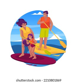 Dibujo vectorial de caricatura aislado de cartón. Familia jugando en un lago, vacaciones de verano, niños y padres parados en una tabla de remo, usando dibujos animados vectores de chaleco salvavidas.