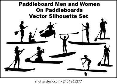 Paddleboard hombres y mujeres en paddleboards Vector Silhouette Set
