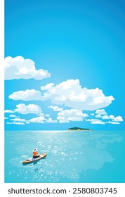 Paddleboard on a summer sea full of cumulus clouds