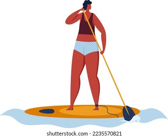 Paddleboard sport, woman surfing with cartoon paddle at board, isolated on white vector illustration. Surfer at summer water sport