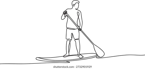 Paddleboarder continuous line drawing. Man on SUP board minimalist vector art. Surfing activity one line illustration. Summer beach water sport sketch. Person paddling on ocean waves outline.