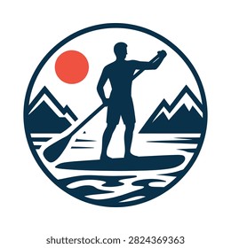 Paddleboarder Silhouette With Mountains And Sun Vector Illustration