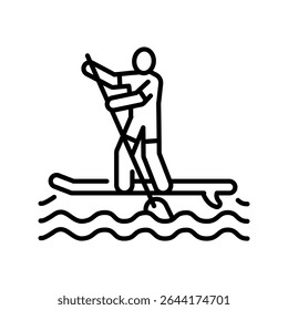 ícone de linha preta paddleboarding para projetos digitais e de impressão.  Ícones mínimos de limpeza para aplicativos e sites. Ícones simples modernos para UI UX e branding
