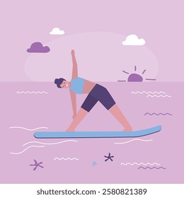 Paddleboarding, concept banner. Paddleboarding SUP, female character stand up paddle board in a yoga posture on calm water with sky and ocean on the background. flat vector illustration