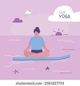 Paddleboarding, concept banner. Paddleboarding SUP, female character stand up paddle board in a yoga posture on calm water with sky and ocean on the background. flat vector illustration