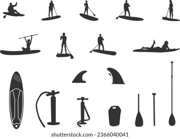 Paddleboarding equipment silhouettes, Paddleboard silhouette, Paddleboarding silhouettes, Paddleboard svg, Paddleboard vector, Paddle surfers V02.
