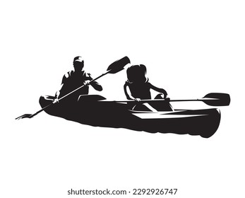 Paddleboarding, isolated vector silhouette, ink drawing. Young man and woman paddling, summer water sport