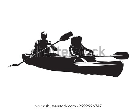 Paddleboarding, isolated vector silhouette, ink drawing. Young man and woman paddling, summer water sport