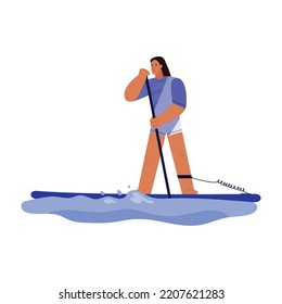 Paddleboarding logo or symbol with cartoon character, flat vector illustration isolated on white background. Paddleboarding sport or pastime activity concept.