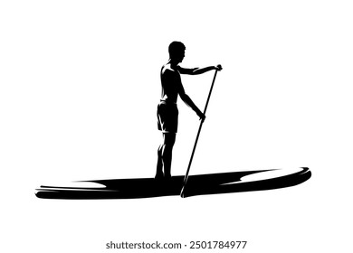 Paddleboarding, man standing on paddleboard, isolated vector silhouette, side view