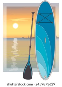 SUP, tabla y paddle con cielo al atardecer en el fondo