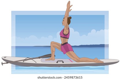 paddleboarding paddle boarding SUP, female standup paddler in a yoga posture on calm water with blue sky in the background