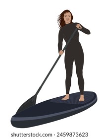 Paddleboarding Paddle board SUP, paddler de pie femenino, con traje de neopreno, paddle aislado sobre fondo blanco