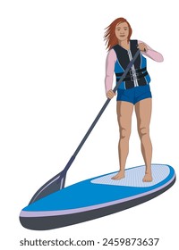 Paddleboarding Paddle board SUP, paddler de pie femenino, con chaleco salvavidas, paddle aislado sobre fondo blanco