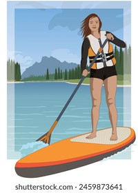 Paddleboarding Paddle Boarding SUP, weiblicher Stand-Up Paddler, mit einer Schwimmweste, Paddling auf ruhigem Wasser mit blauem Himmel im Hintergrund