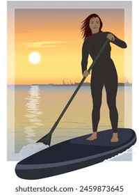 Paddleboarding Paddle Boarding SUP, paddler de pie femenino, con traje de neopreno, remando en aguas tranquilas con puesta de sol en el fondo