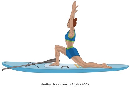 Paddleboarding Paddle Boarding SUP, paddler de pie femenino en una postura de yoga aislada sobre un fondo blanco