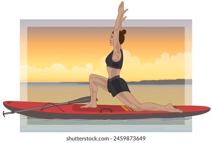 Paddleboarding Paddle Boarding SUP, paddler de pie femenino en una postura de yoga en aguas tranquilas con cielo al atardecer en el fondo