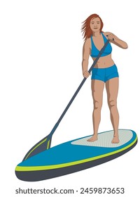 Paddleboarding Paddle board SUP, paddler de pie femenino, paddle aislado sobre un fondo blanco