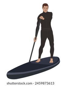 Paddleboarding Paddle board SUP, remero de pie masculino, con traje de neopreno, remo aislado sobre un fondo blanco